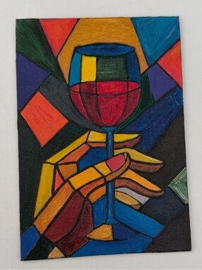 Abstract Painting Hand W/Wine Glass Wall Art 5”x7”